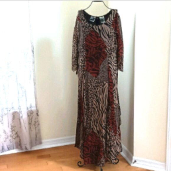 VINTAGE Phool 70s Layered Wild Animal Print Maxi Dress 3/4 Sleeve Zipper L Brown - Picture 7 of 17